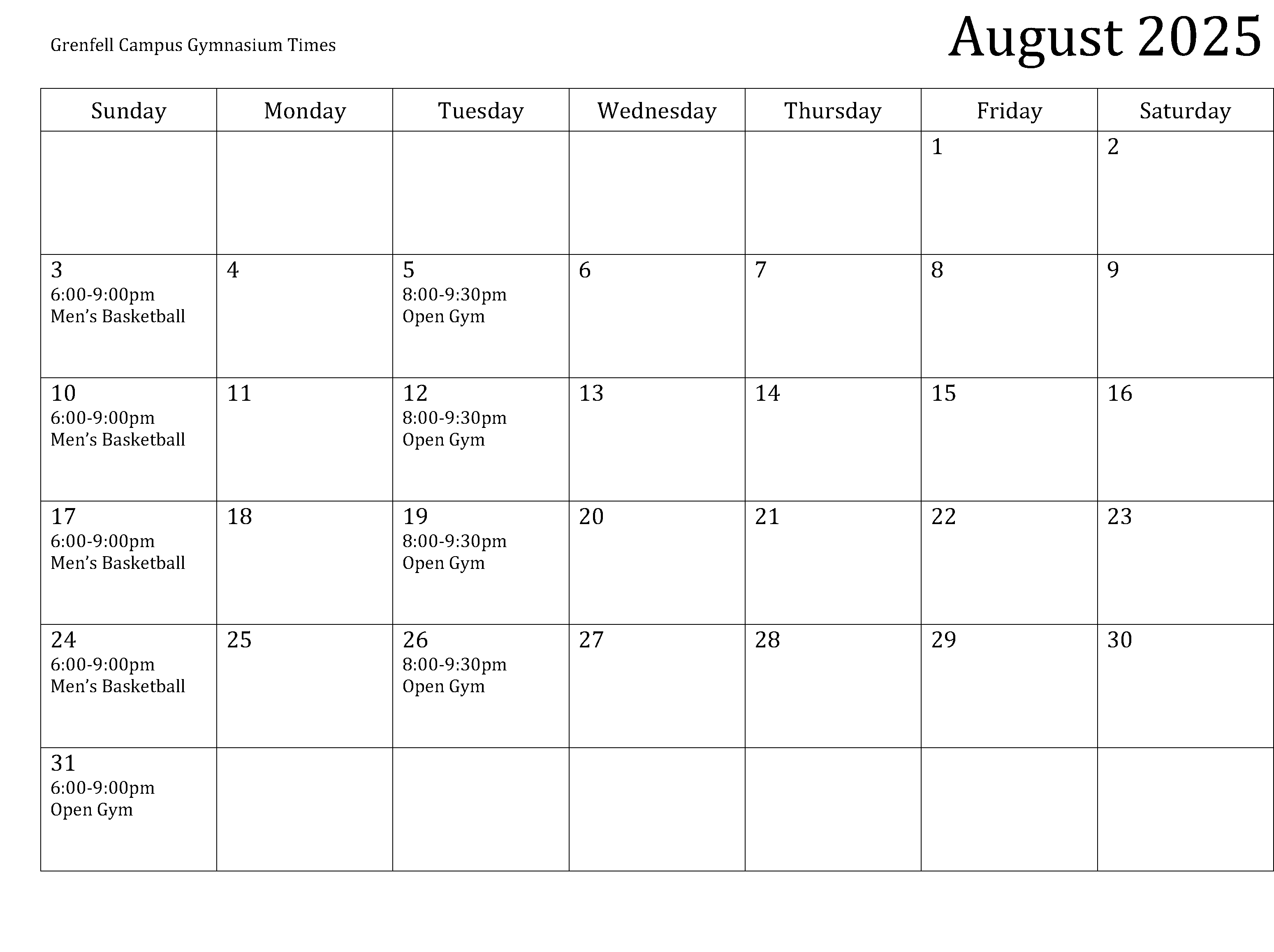 August 2025 Schedule